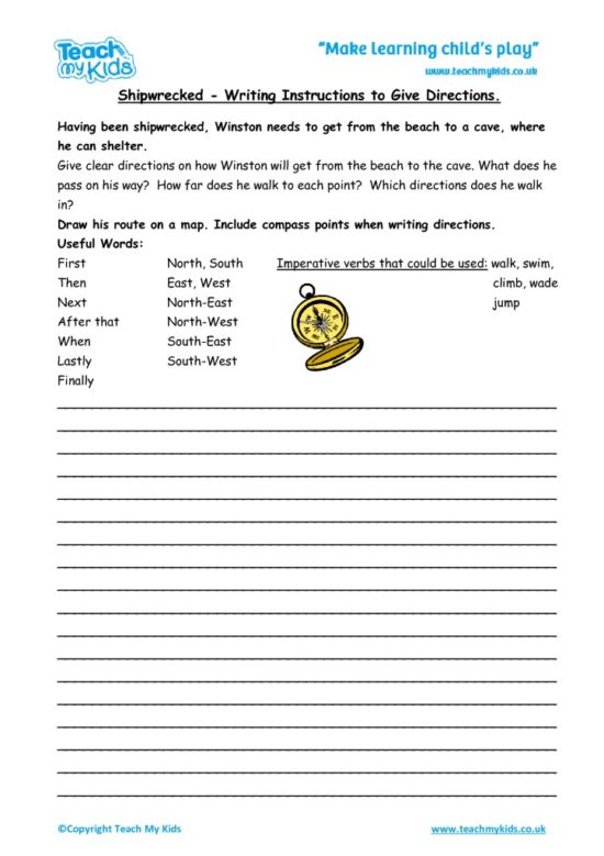 Worksheets for kids - instructional writing,directions-shipwrecked